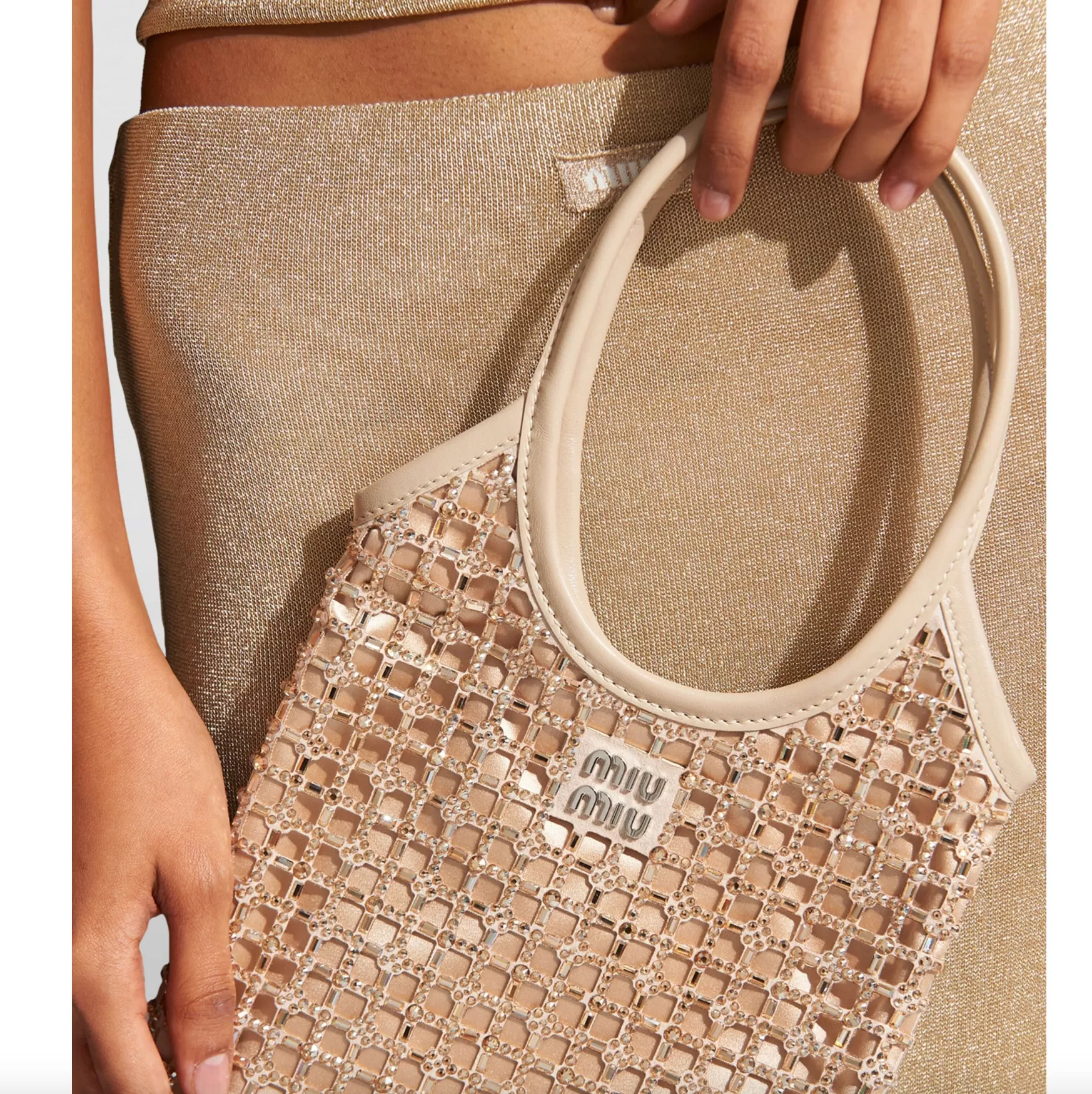 SMALL SATIN CRYSTAL-EMBELLISHED TOP-HANDLE BAG - BEIGE