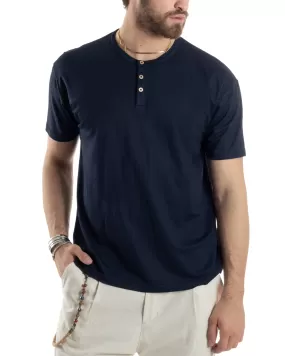 T-shirt Uomo Manica Corta Viscosa Collo Serafino Maglia Con Bottoni Casual Blu GIOSAL-TS3039A