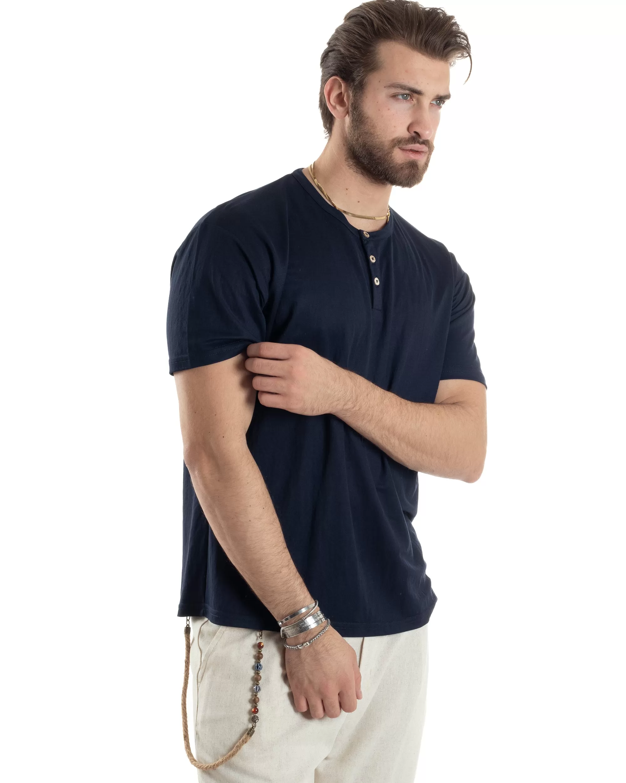 T-shirt Uomo Manica Corta Viscosa Collo Serafino Maglia Con Bottoni Casual Blu GIOSAL-TS3039A