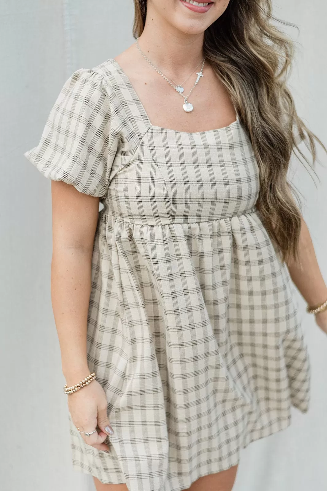 Taupe Checker Babydoll Dress