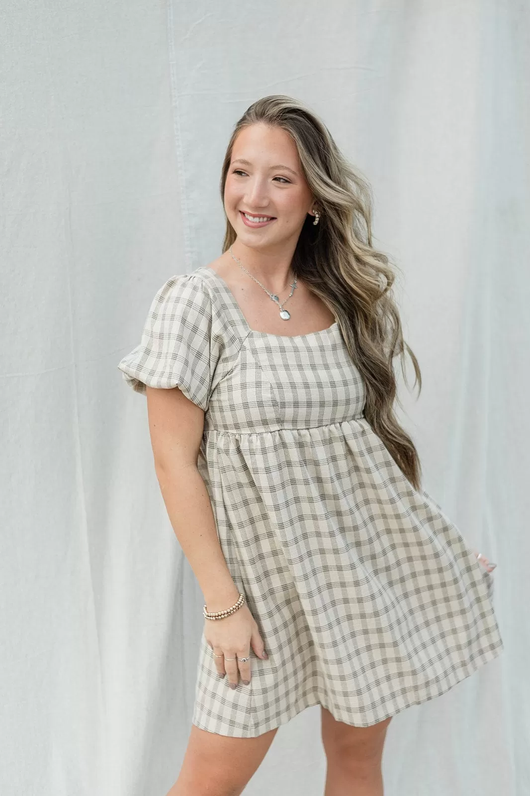 Taupe Checker Babydoll Dress