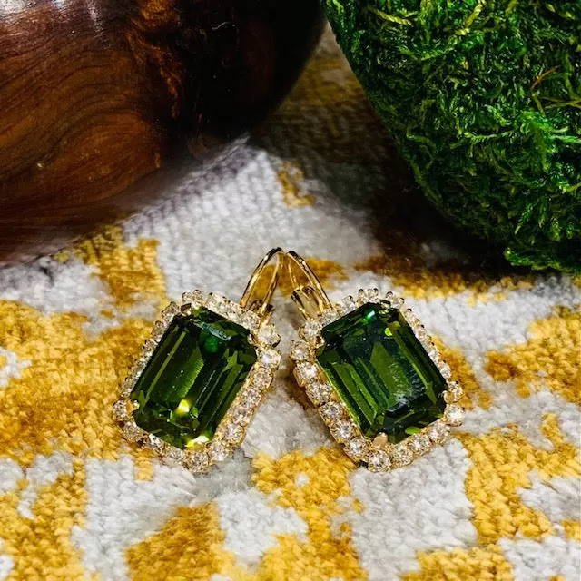 Teramasu Olive Green Square Crystal with Rhinestones Lever Back Gold Drop Earrings