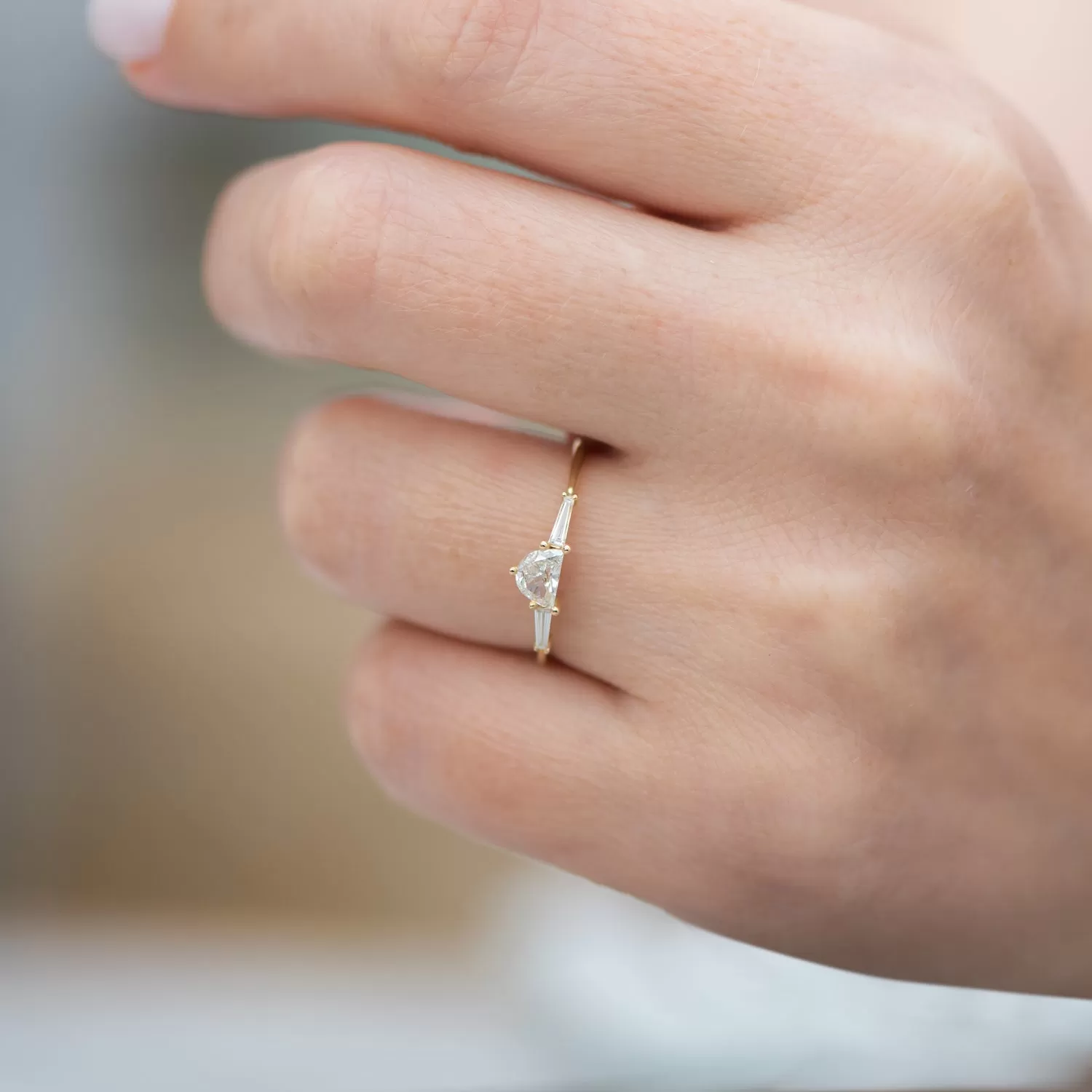 Three Stone Engagement Ring with Half Moon and Baguette Cut Diamonds