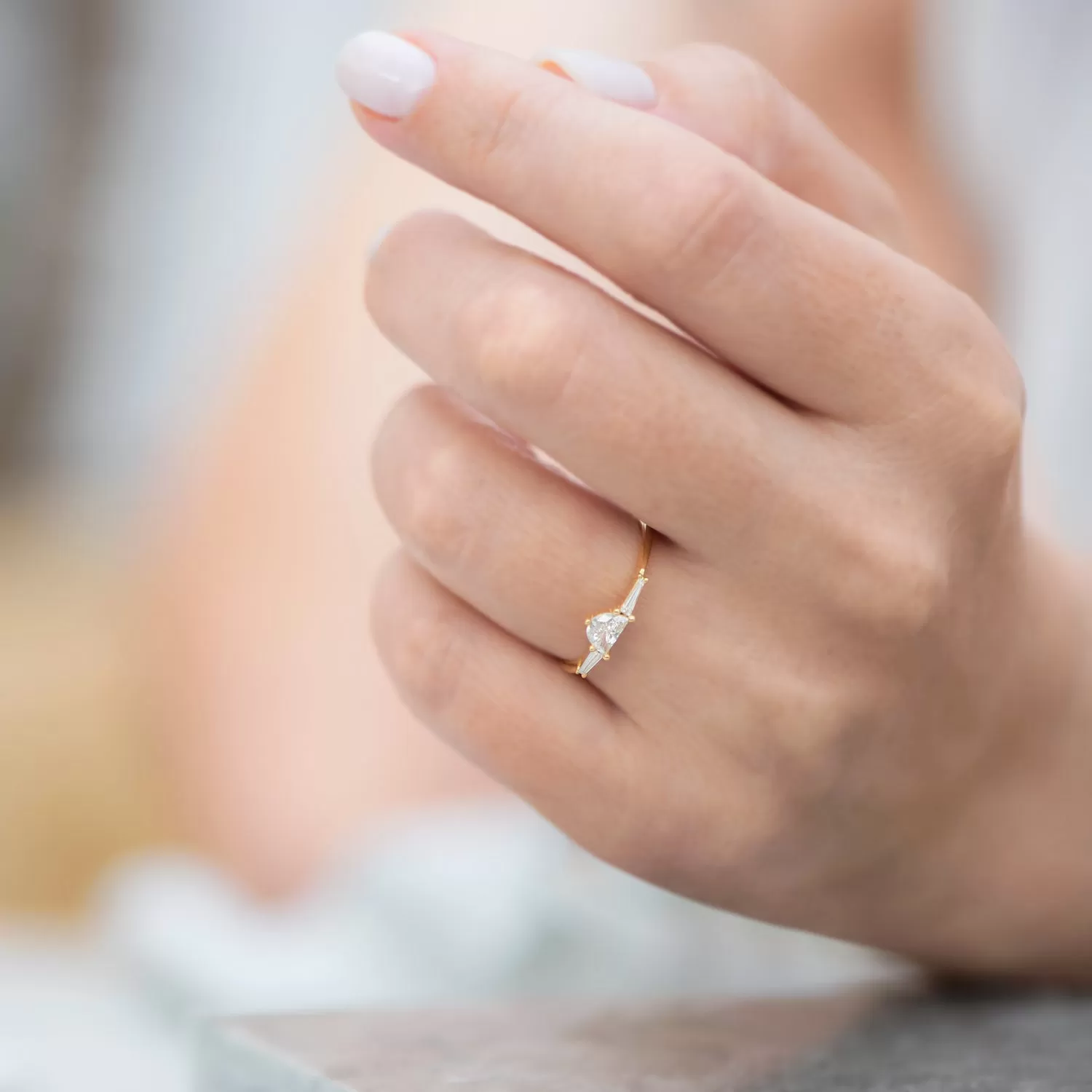 Three Stone Engagement Ring with Half Moon and Baguette Cut Diamonds