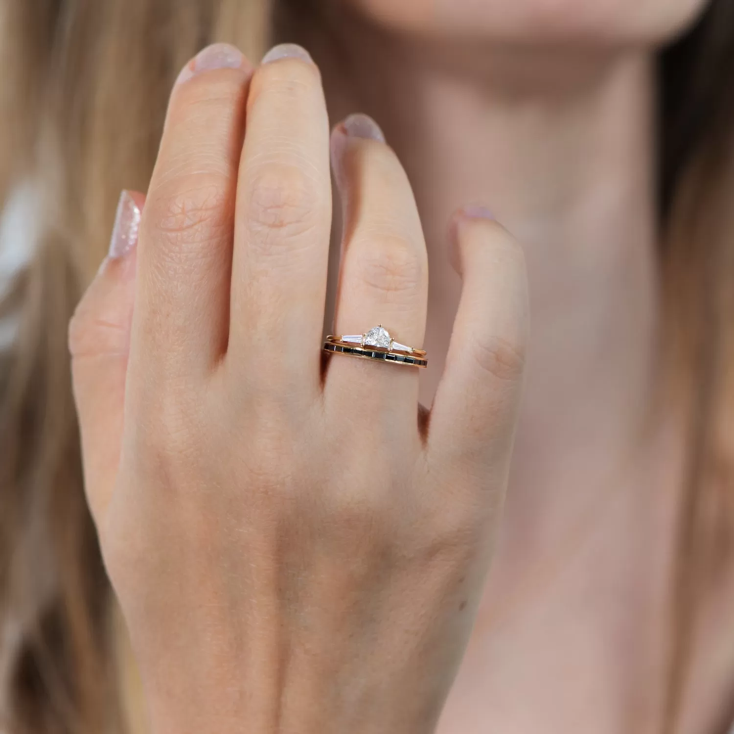 Three Stone Engagement Ring with Half Moon and Baguette Cut Diamonds