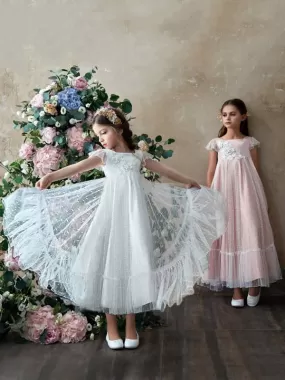 Tulle Ruffles Sleeveless Flower Girl Dresses Ankle Length Princess Silhouette Kids Social Party Dresses