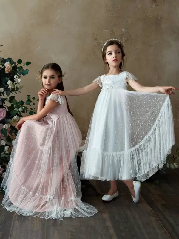 Tulle Ruffles Sleeveless Flower Girl Dresses Ankle Length Princess Silhouette Kids Social Party Dresses