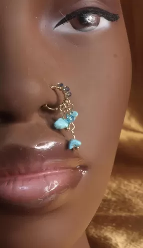 Turquoise Blue Crystal Dangle Non Piercing Nose Ring