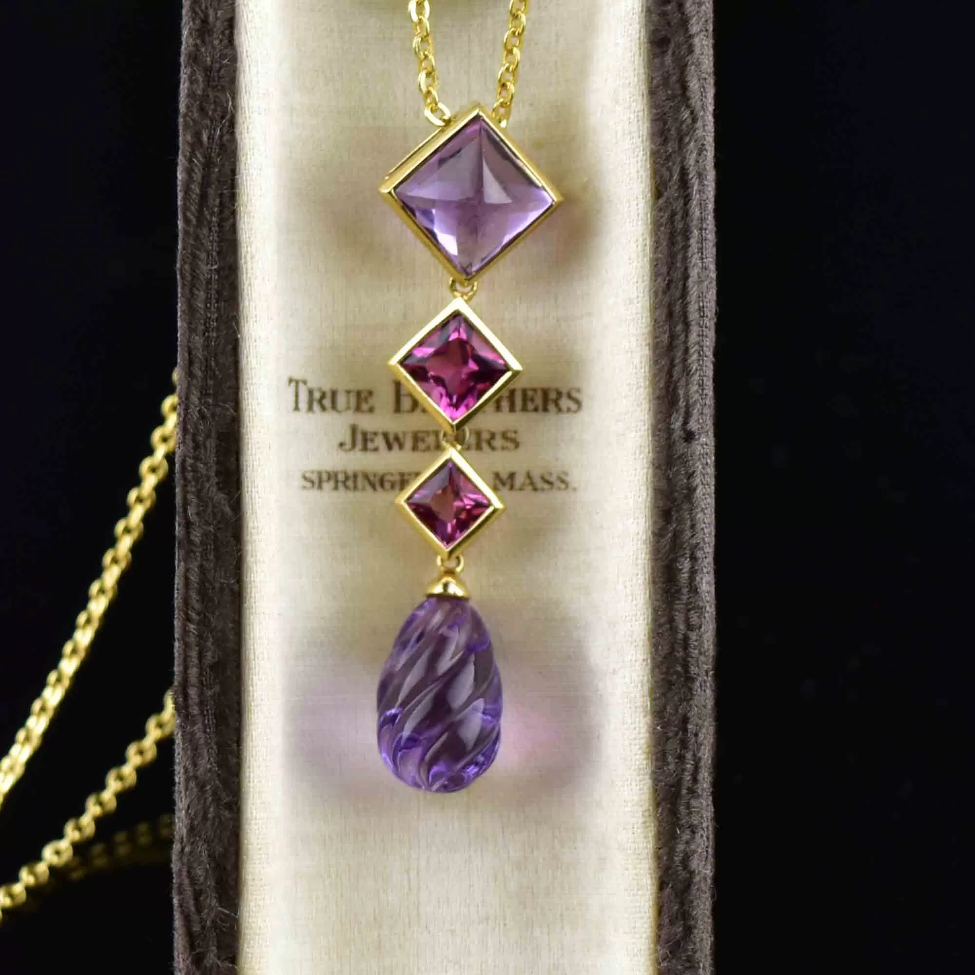 Vintage 14K Gold Tourmaline Sugarloaf Amethyst Pendant Necklace