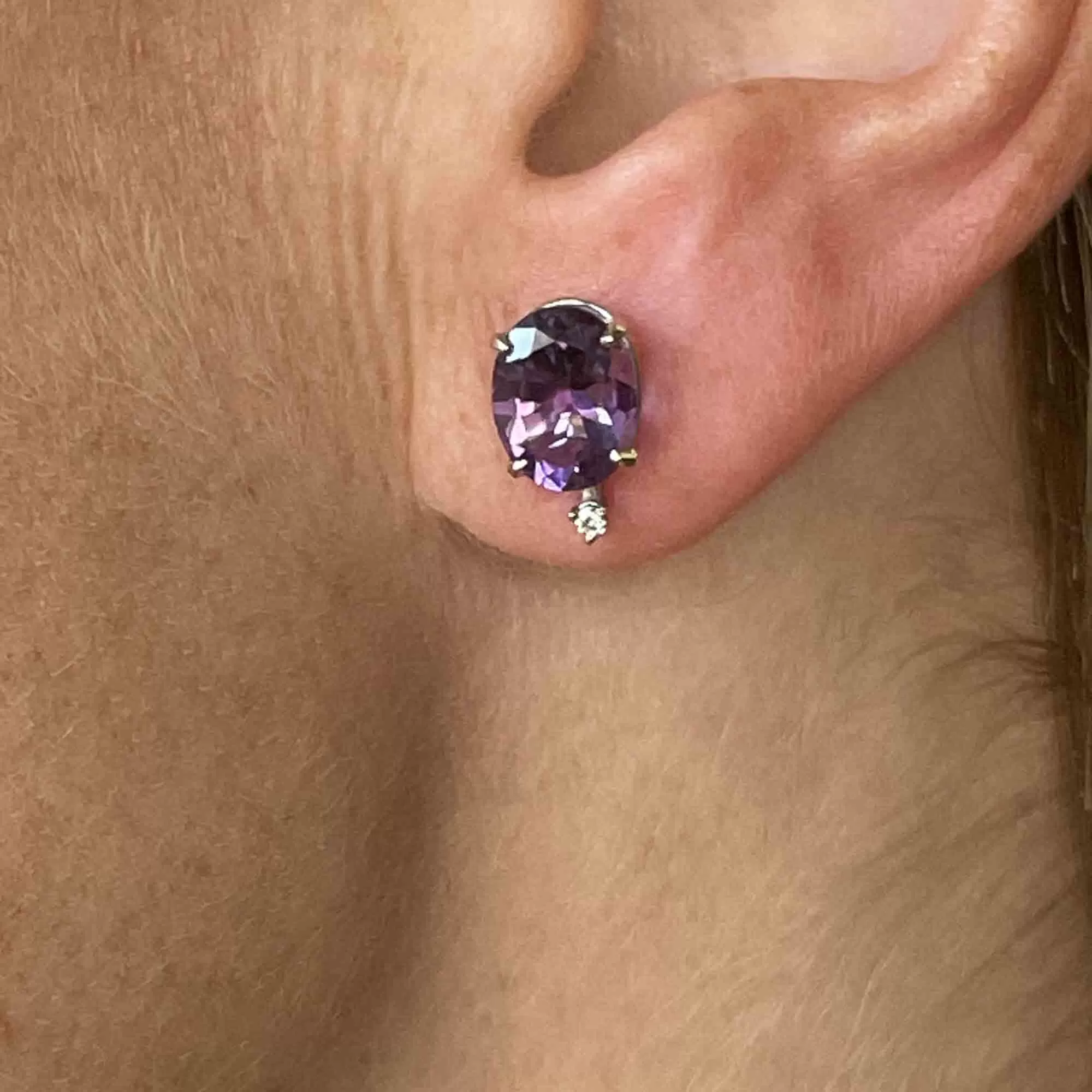 Vintage 14K White Gold Diamond Amethyst Stud Earrings