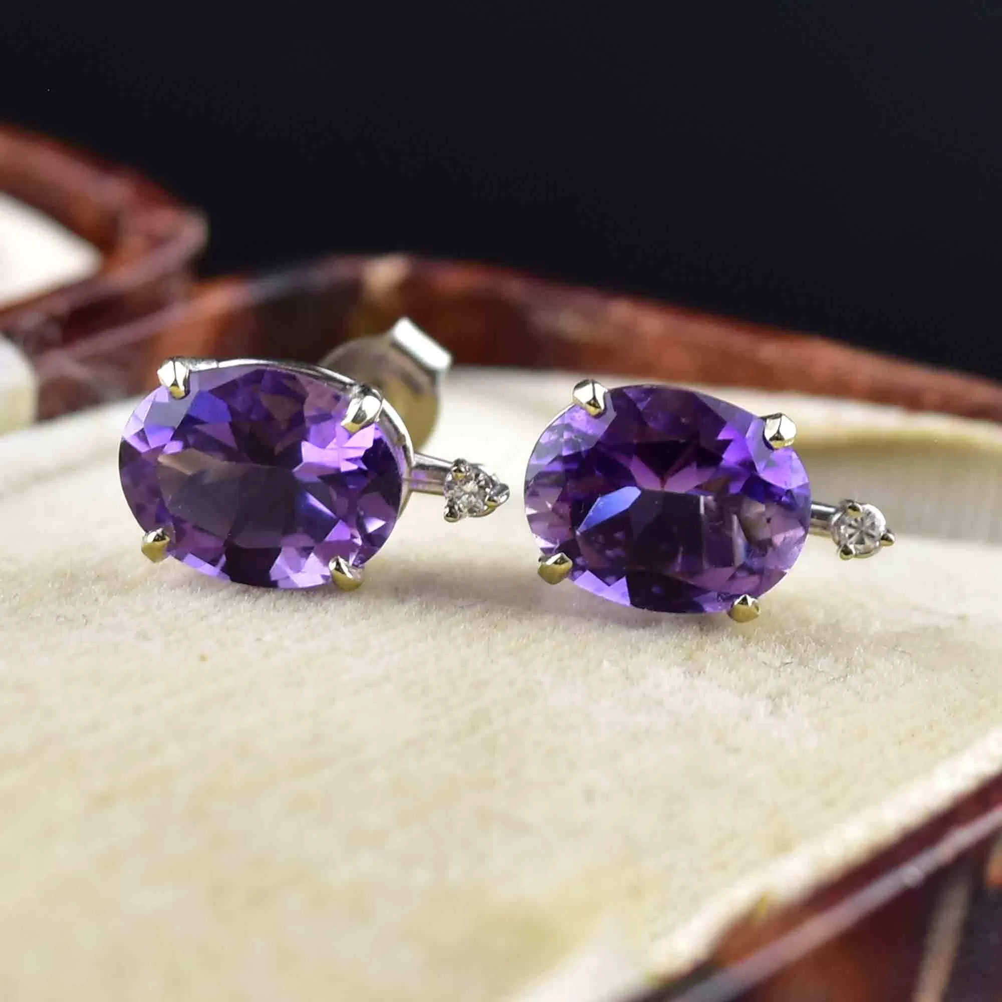 Vintage 14K White Gold Diamond Amethyst Stud Earrings