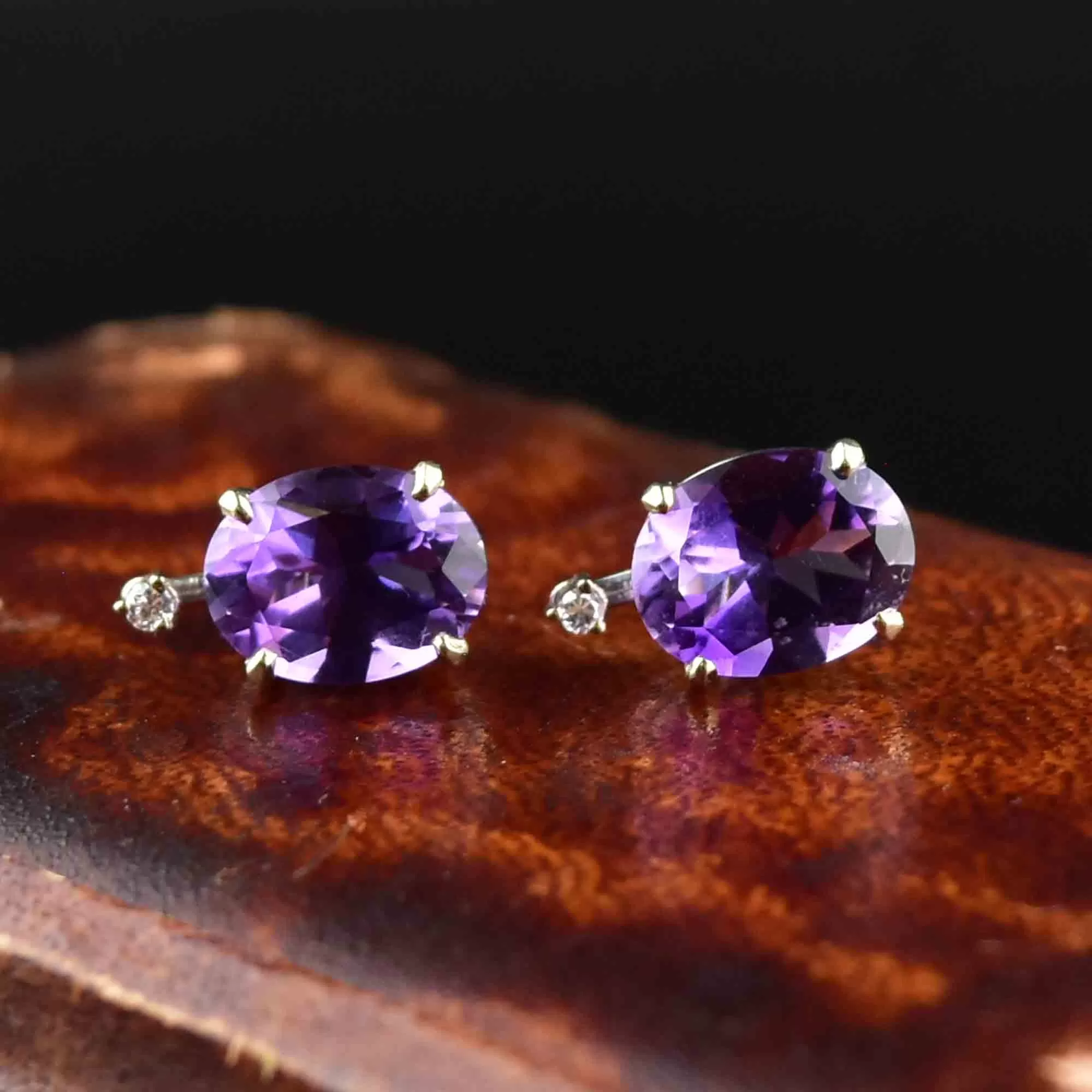 Vintage 14K White Gold Diamond Amethyst Stud Earrings