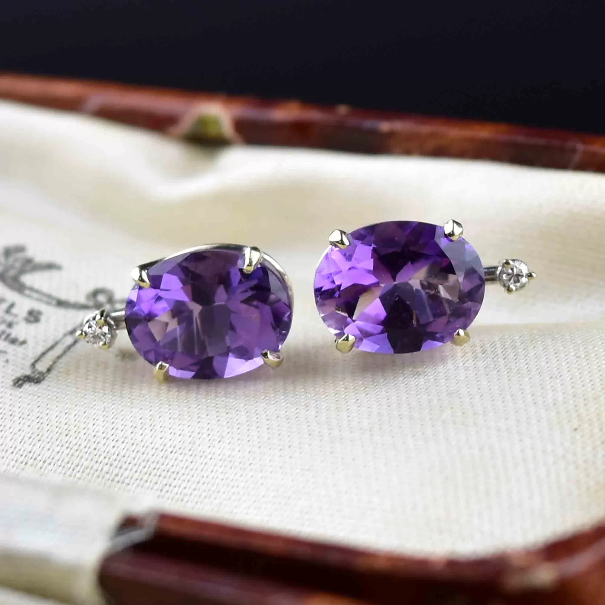 Vintage 14K White Gold Diamond Amethyst Stud Earrings