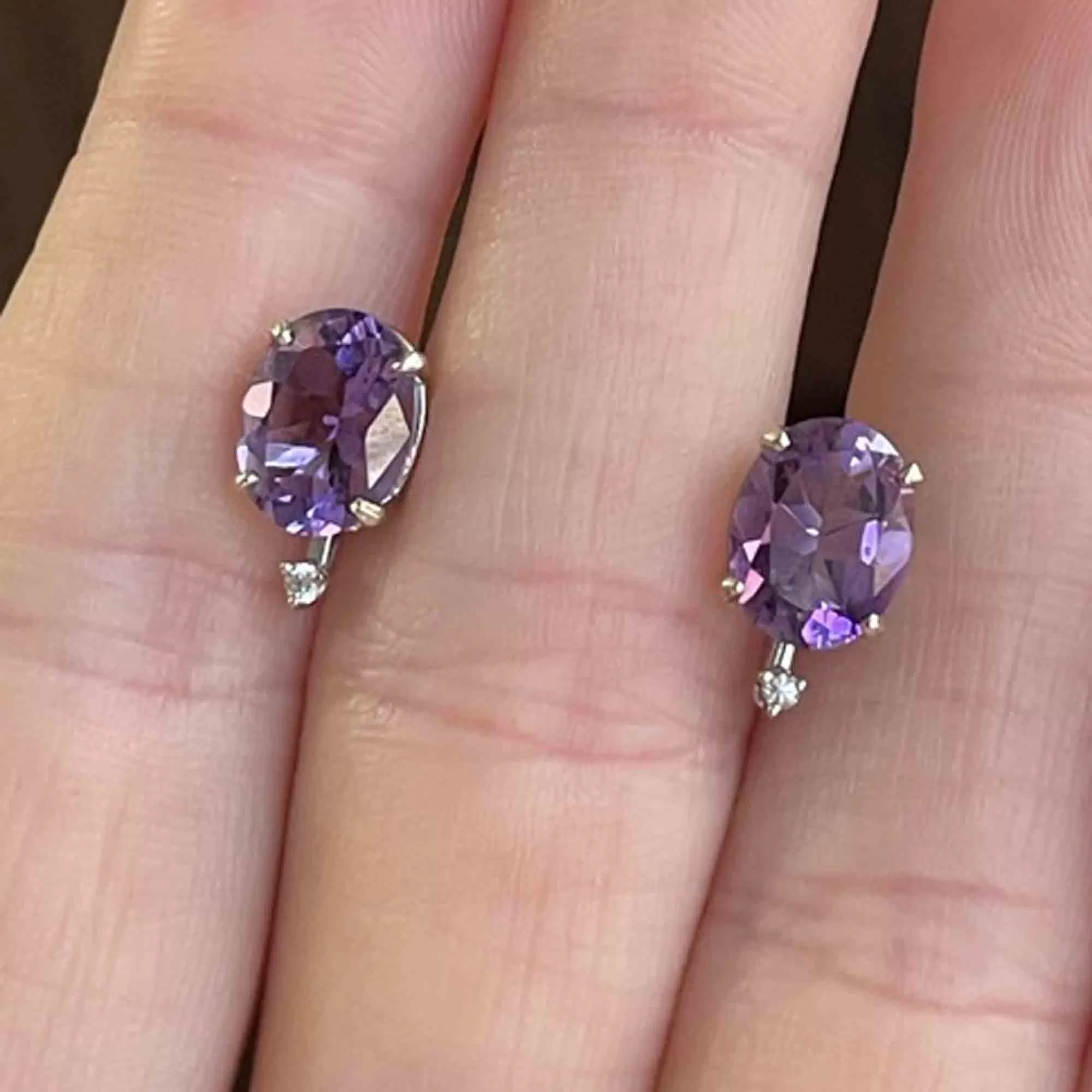 Vintage 14K White Gold Diamond Amethyst Stud Earrings