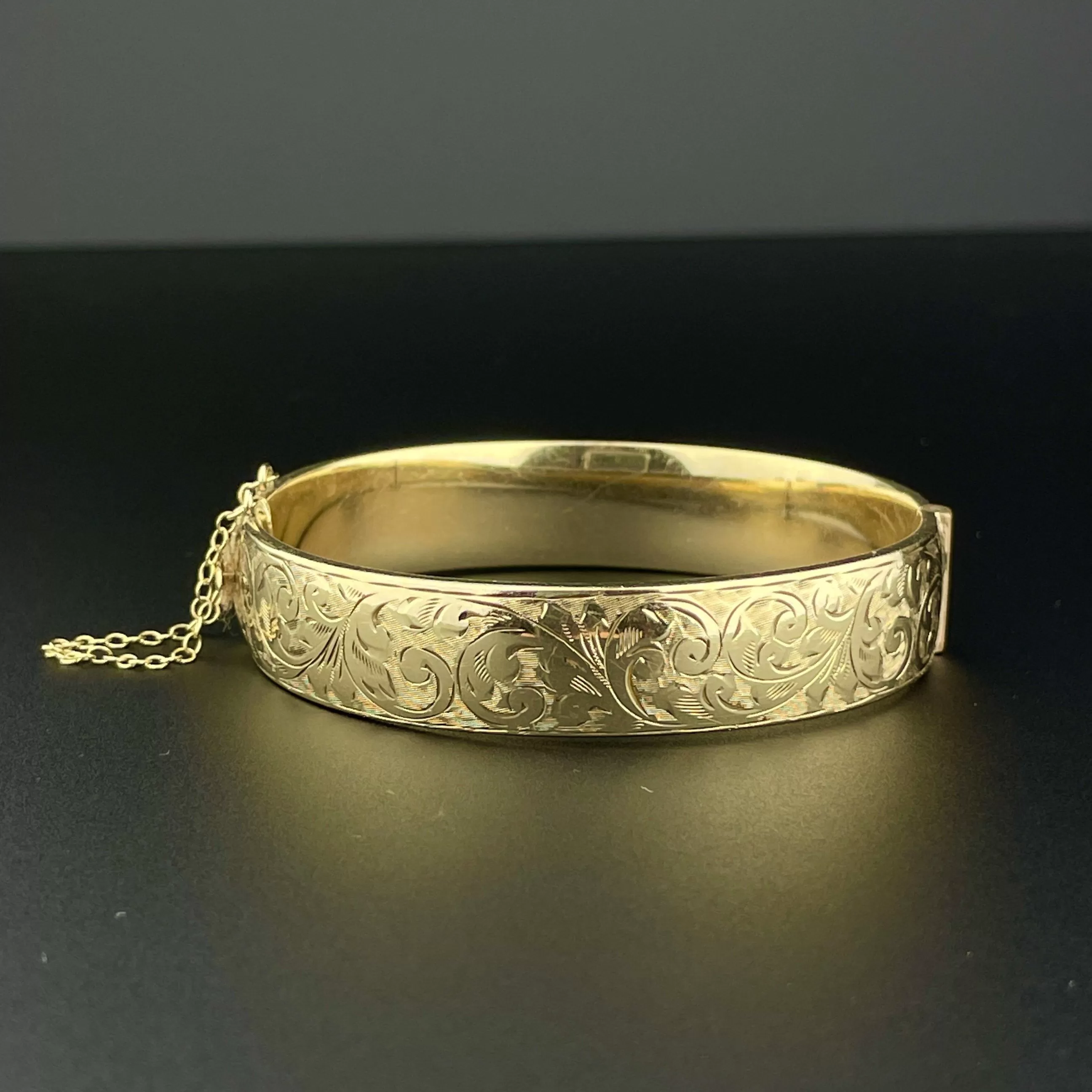 Vintage 9K Rolled Gold Flower Engraved Wide Stacking Bangle Bracelet