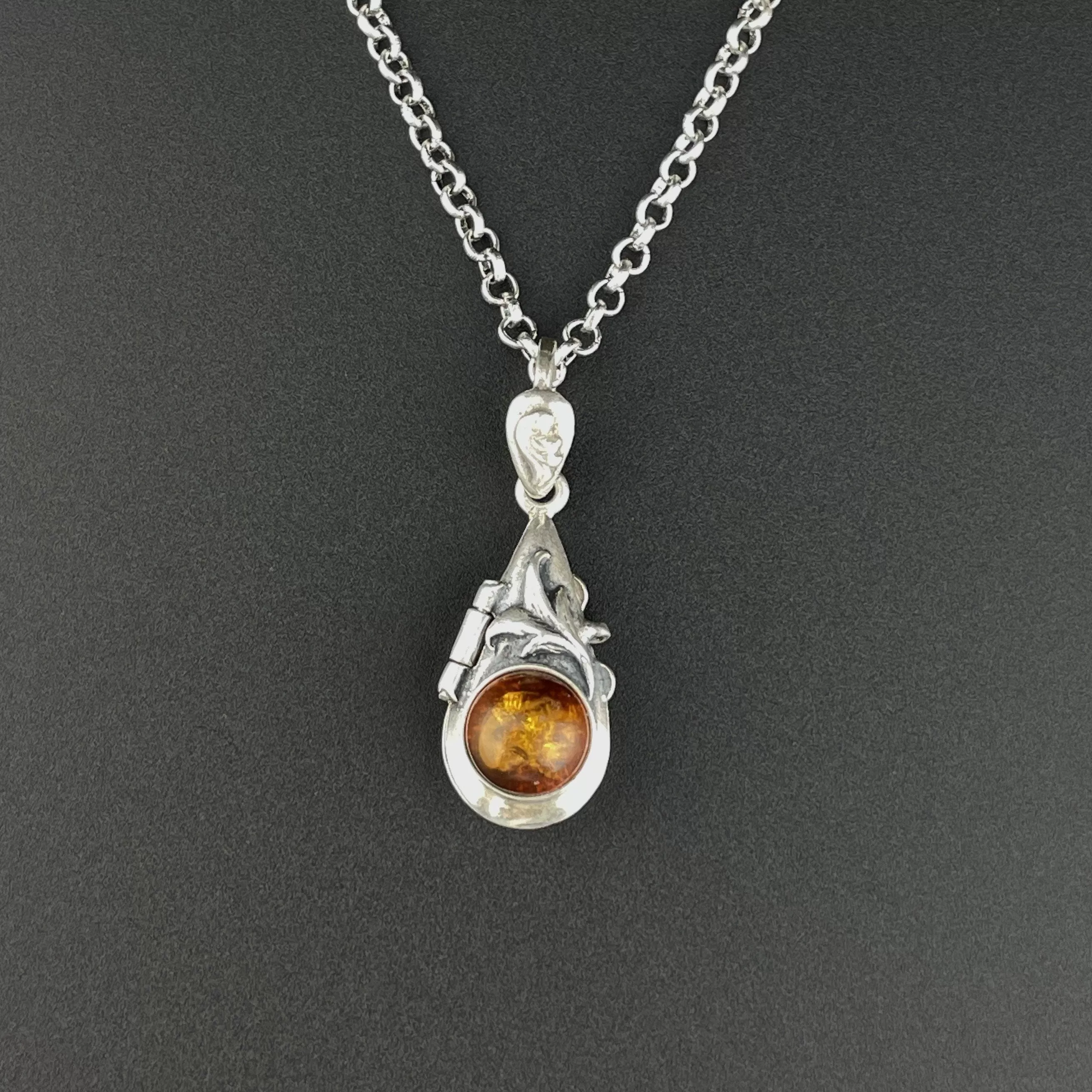 Vintage Arts and Crafts Style Amber Teardrop Silver Locket Pendant