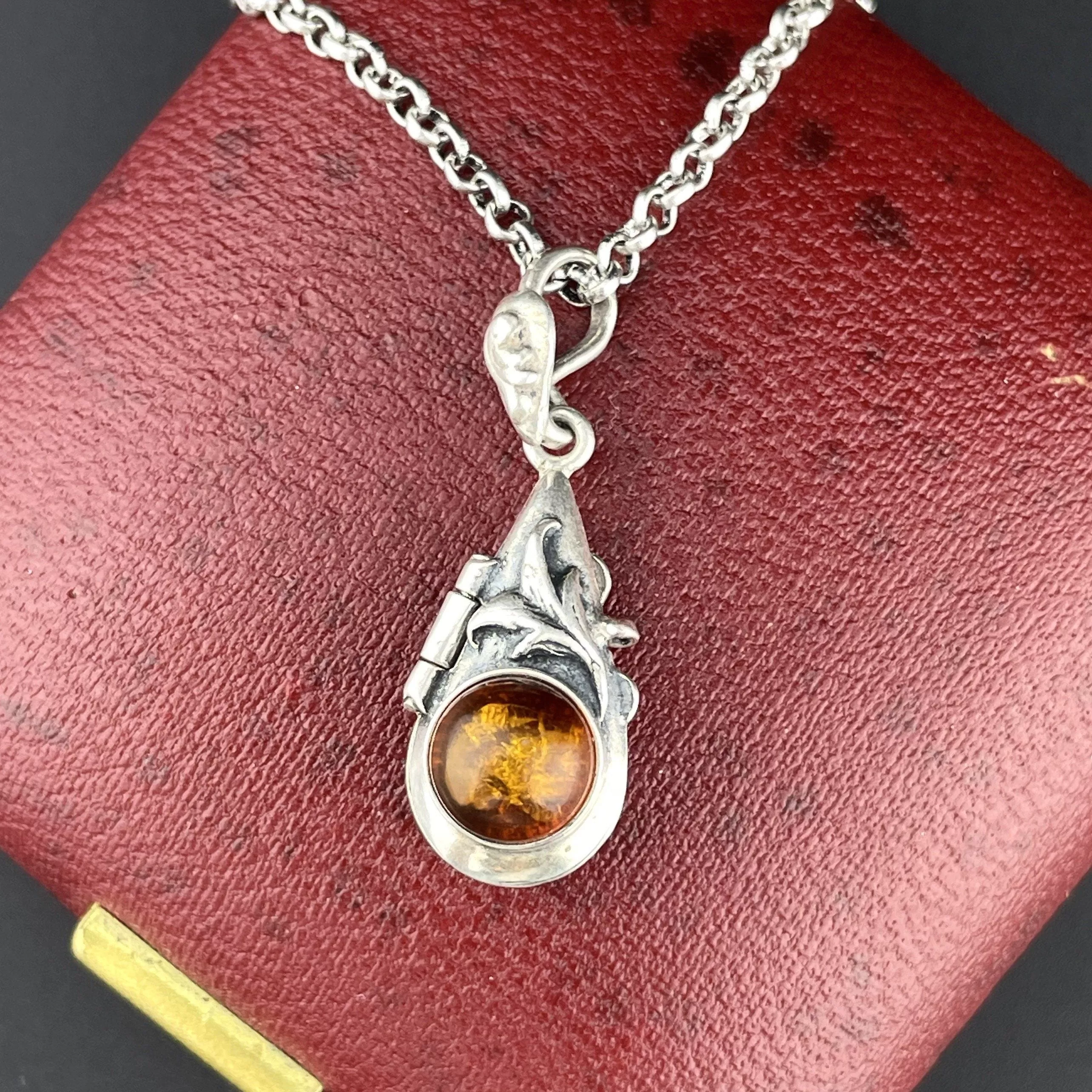 Vintage Arts and Crafts Style Amber Teardrop Silver Locket Pendant