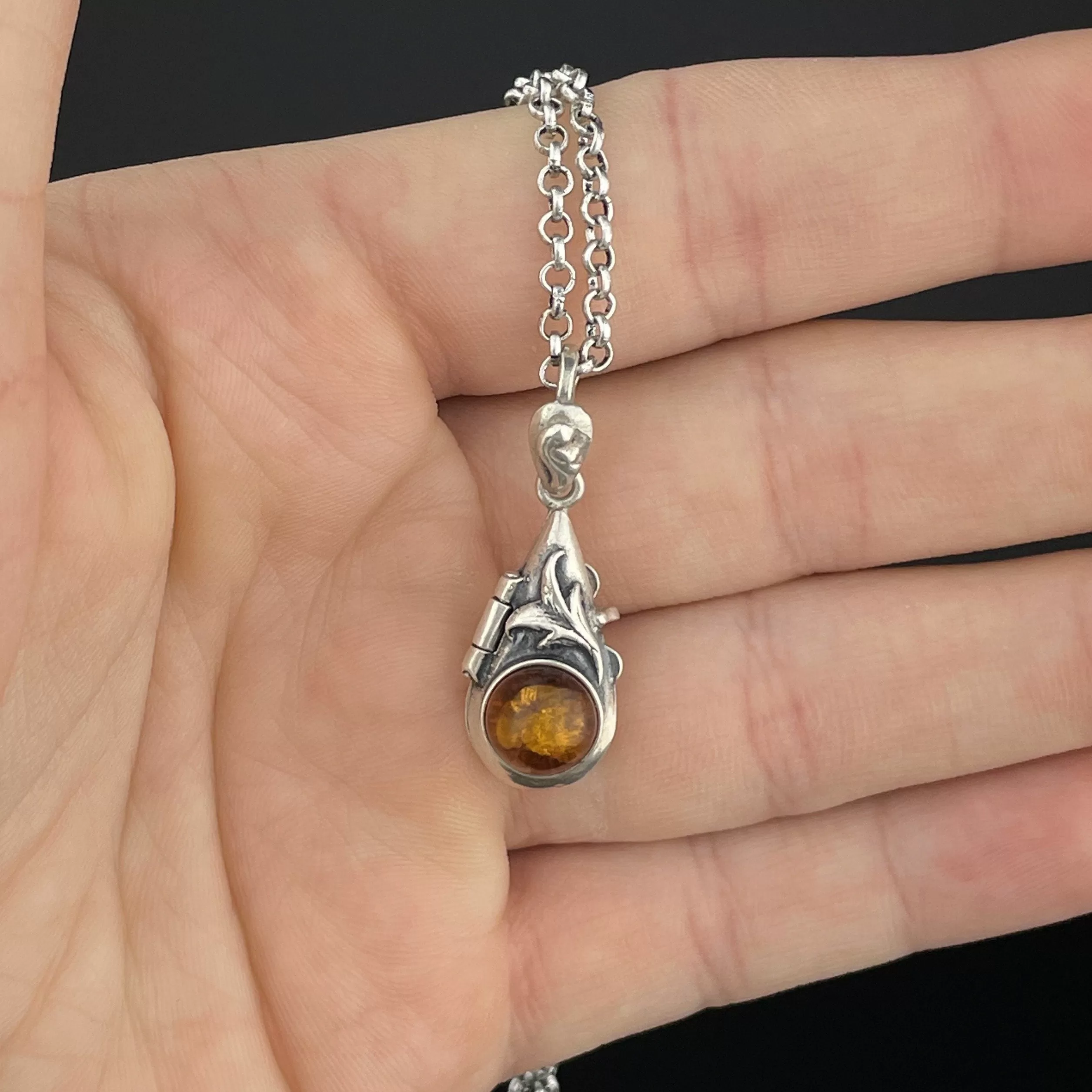 Vintage Arts and Crafts Style Amber Teardrop Silver Locket Pendant