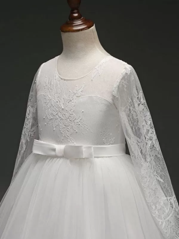 White Lace Ball Gowns Flower Girl Dresses Long Sleeve Princess Pageant Dress