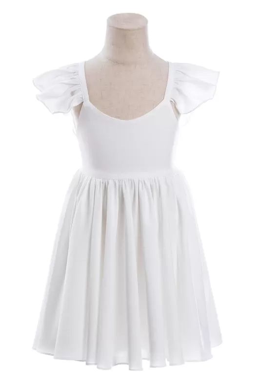 White Ruffle Sleeves Flower Girl Dress Pleated A-line Little Girl Dress for Wedding Party