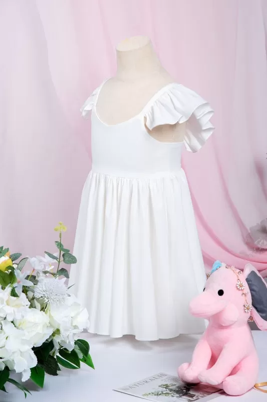 White Ruffle Sleeves Flower Girl Dress Pleated A-line Little Girl Dress for Wedding Party