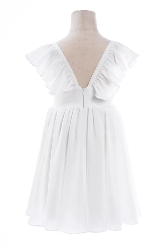 White Ruffle Sleeves Flower Girl Dress Pleated A-line Little Girl Dress for Wedding Party