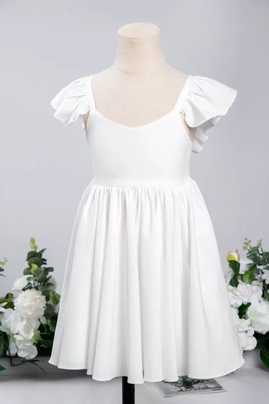 White Ruffle Sleeves Flower Girl Dress Pleated A-line Little Girl Dress for Wedding Party