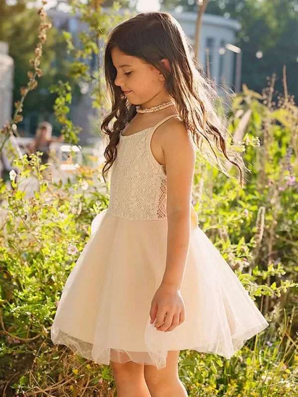 White Short A-Line Flower Girl Dresses Tulle Sleeveless  Bows Kids Party Dresses