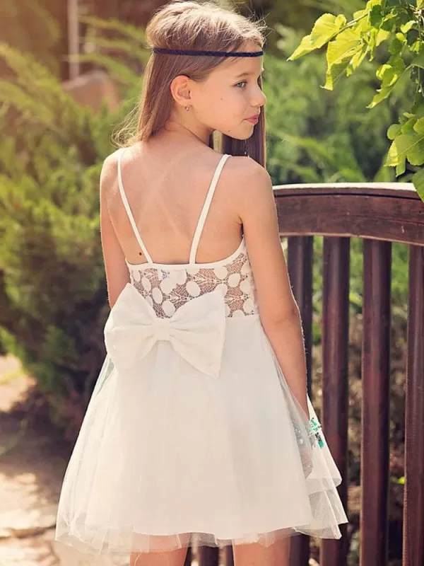 White Short A-Line Flower Girl Dresses Tulle Sleeveless  Bows Kids Party Dresses