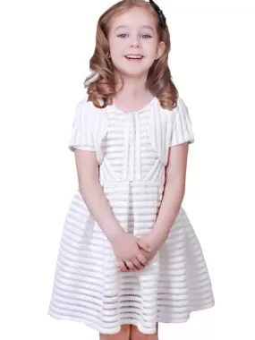 White Short Sleeves Cotton Blend Flower Girl Dresses Tea-Length A-Line Pleated Kids Daily Wear Dress