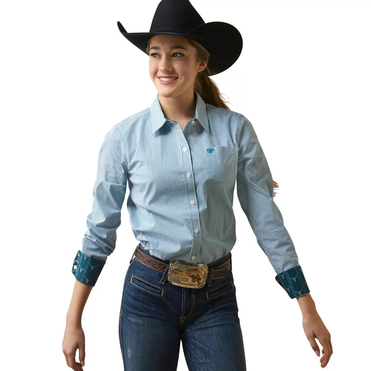 Womens Wrinkle Resistant R.E.A.L Kirby Shirt | Crystal Teal Stripe