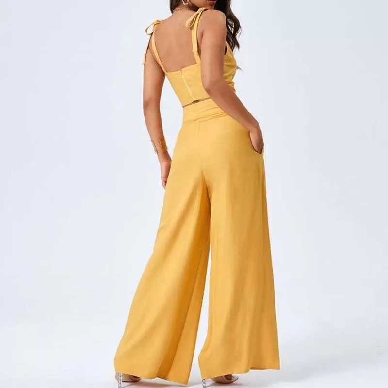 Yellow Two Piece Open Back Suspender Top with High Rise Wide Leg Pants