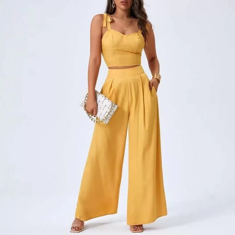 Yellow Two Piece Open Back Suspender Top with High Rise Wide Leg Pants