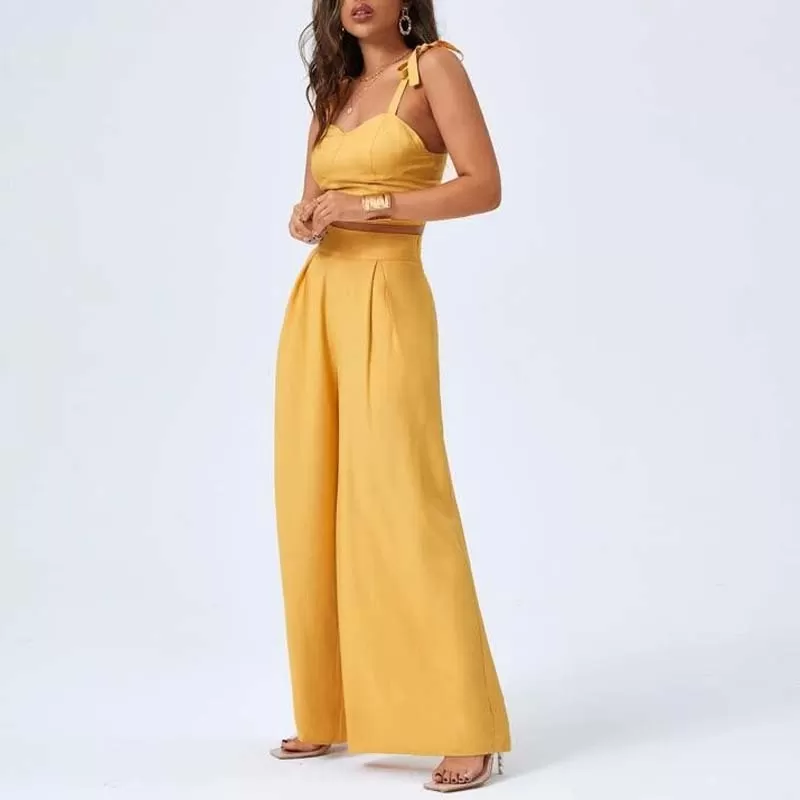 Yellow Two Piece Open Back Suspender Top with High Rise Wide Leg Pants