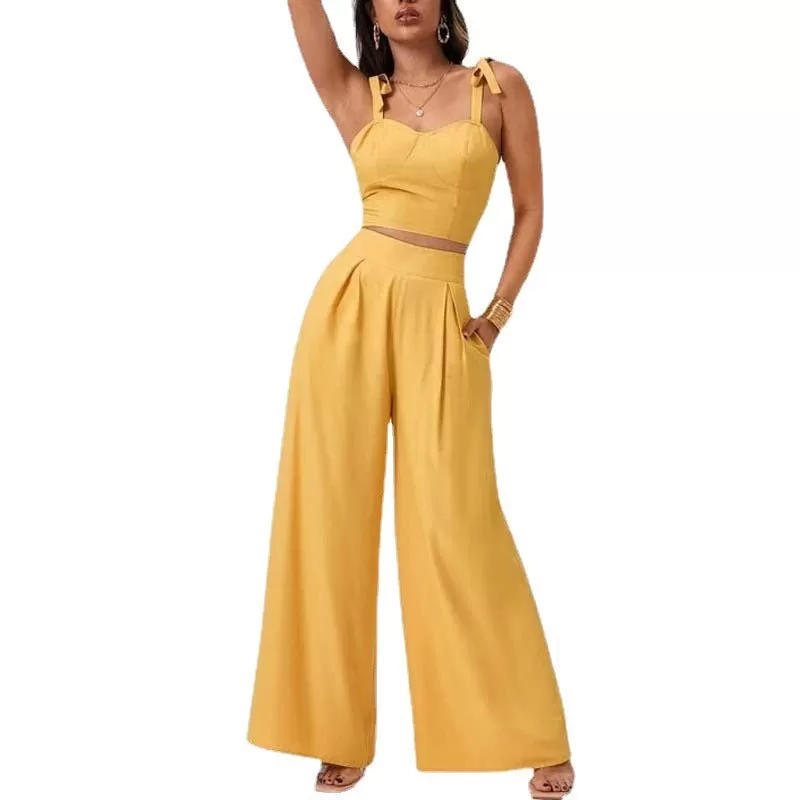 Yellow Two Piece Open Back Suspender Top with High Rise Wide Leg Pants